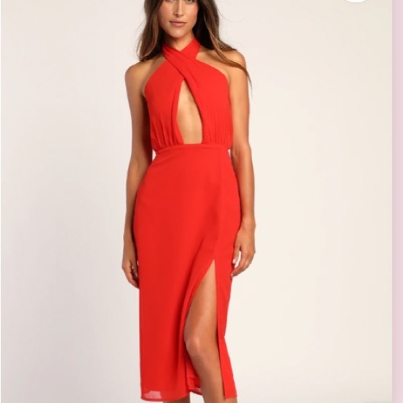 Lulus Dresses & Skirts - Lulus Flirty Chic Red Cutout Twist-Front Halter Midi Dress - Size Small - NWT